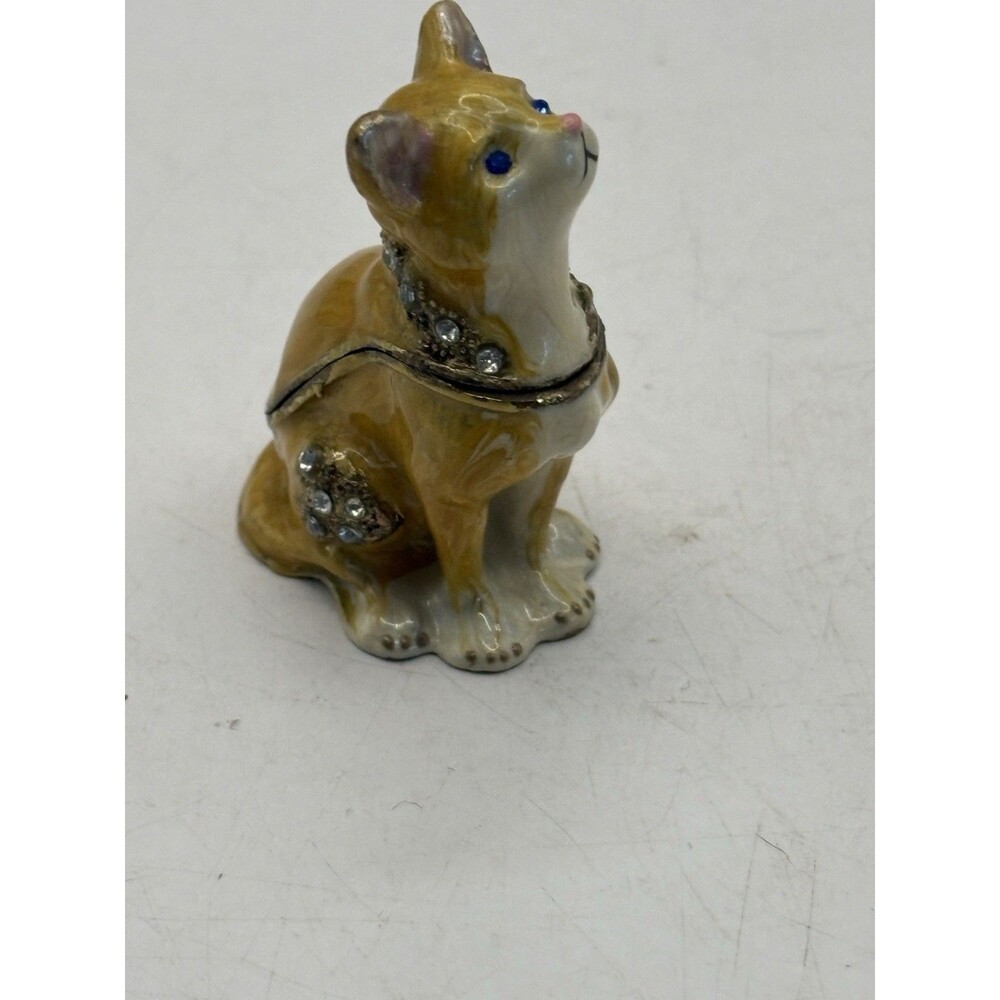CAT Enamel Trinket Box w/Hinged Lid & Jewels 2" Rhinestones Metal Base